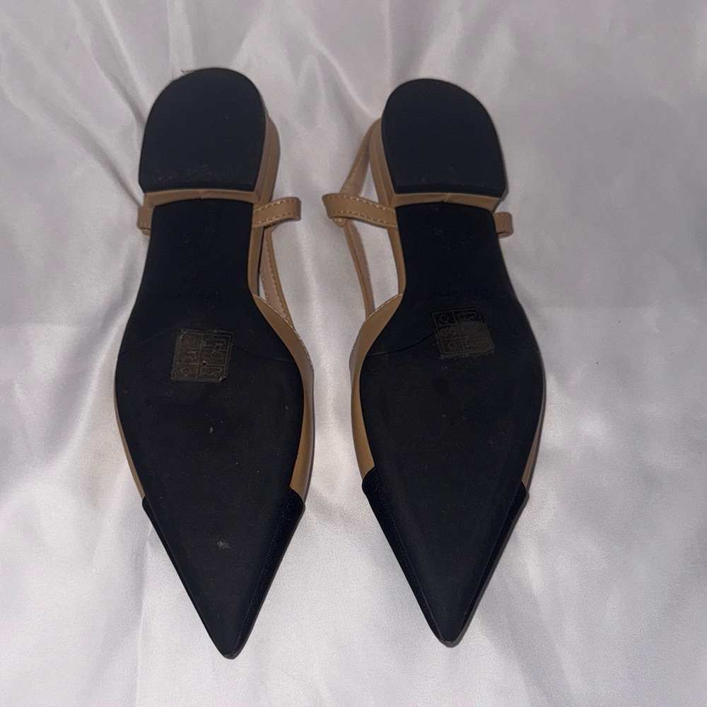 Women's Tan and Black Pointed Toe Flats - Picture 2 of 3